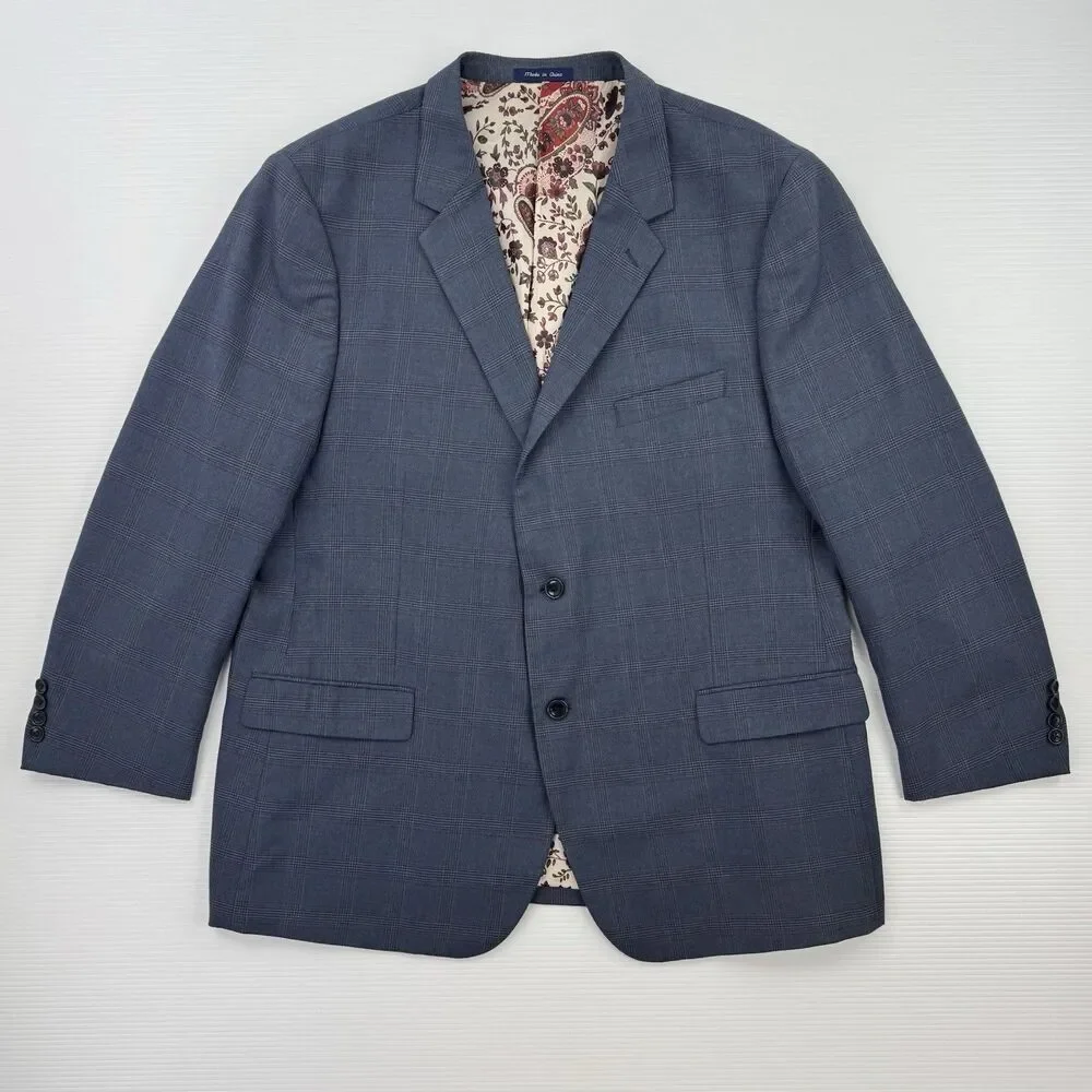 Alan Flusser Mens 48R Blue Plaid Sport Coat Blazer Paisley Lining 2 Button